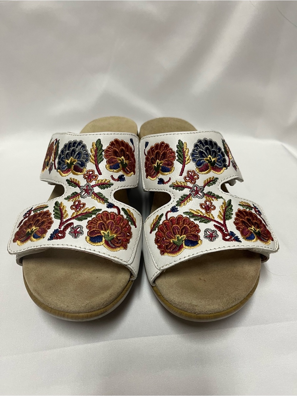 Alegria White Embroidered Floral Slide Sandals
